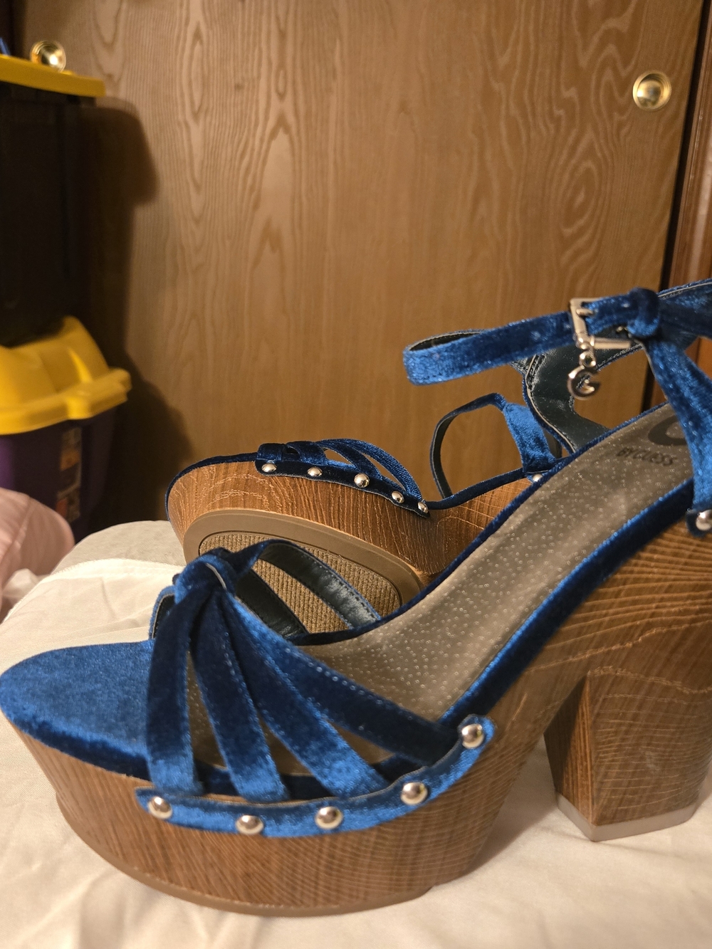 G by Guess Blue Velvet Platform Sandals with Stud Accents